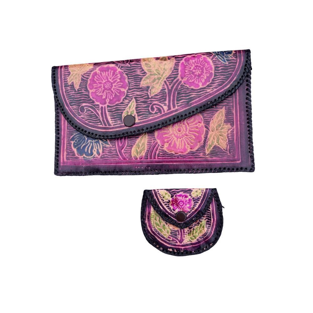 Vintage Floral Tooled Painted Leather Clutch and Coin Purse